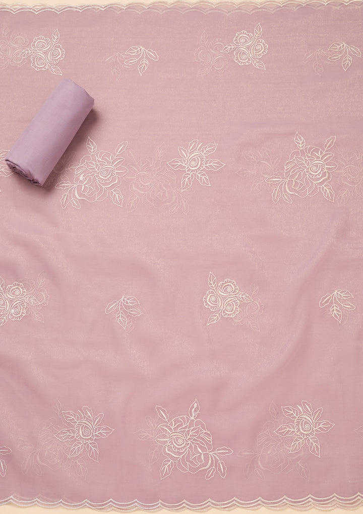 Lavender Tissue Threadwork Unstitched Dress Material With Matching Bottom And Dupatta
