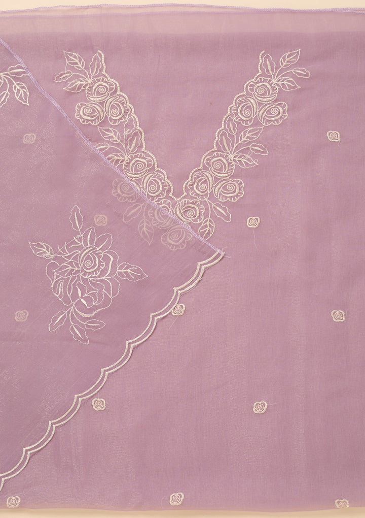 Lavender Tissue Threadwork Unstitched Dress Material With Matching Bottom And Dupatta