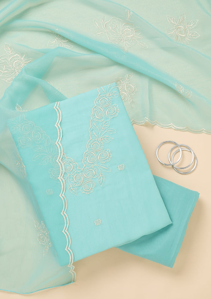 Sky Blue Tissue Threadwork Unstitched Dress Material With Matching Bottom And Dupatta