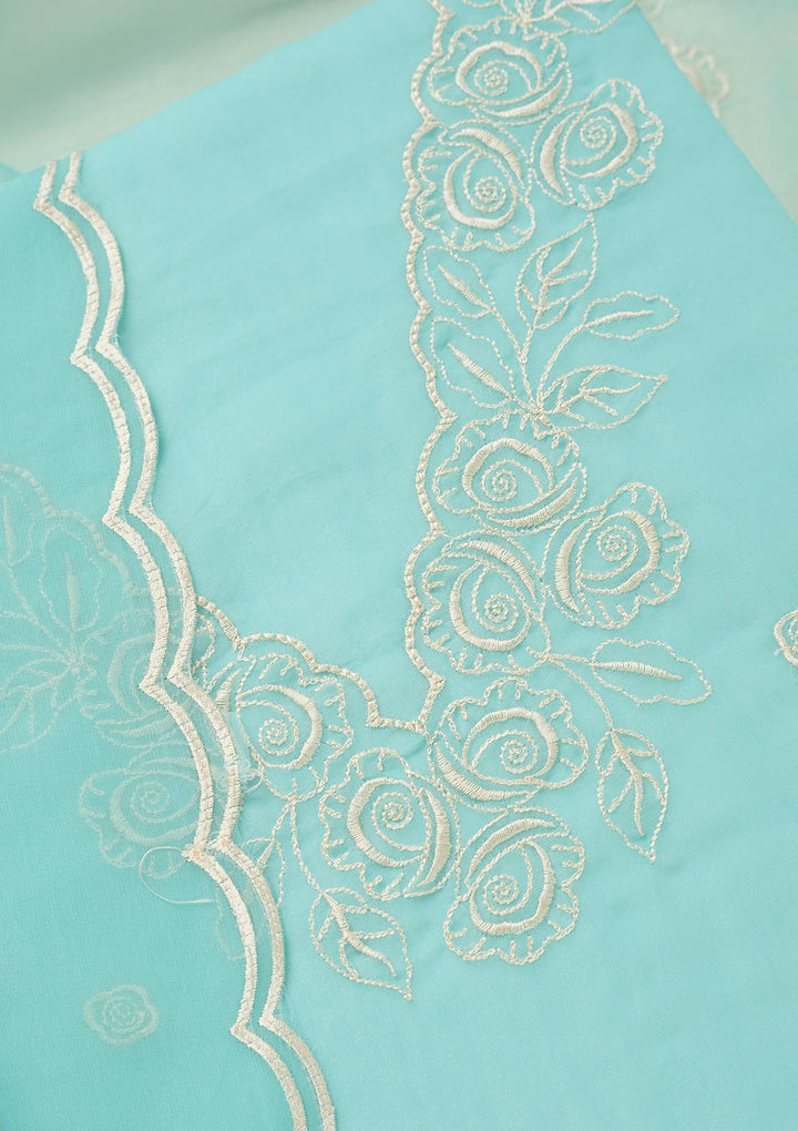 Sky Blue Tissue Threadwork Unstitched Dress Material With Matching Bottom And Dupatta