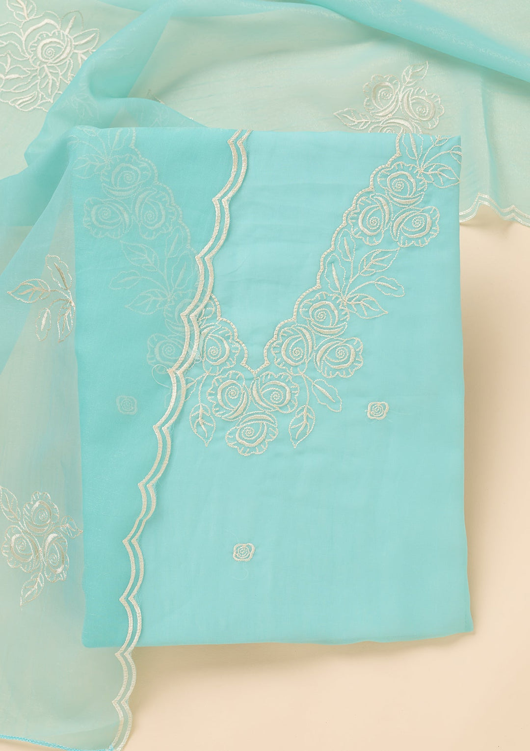 Sky Blue Tissue Threadwork Unstitched Dress Material With Matching Bottom And Dupatta