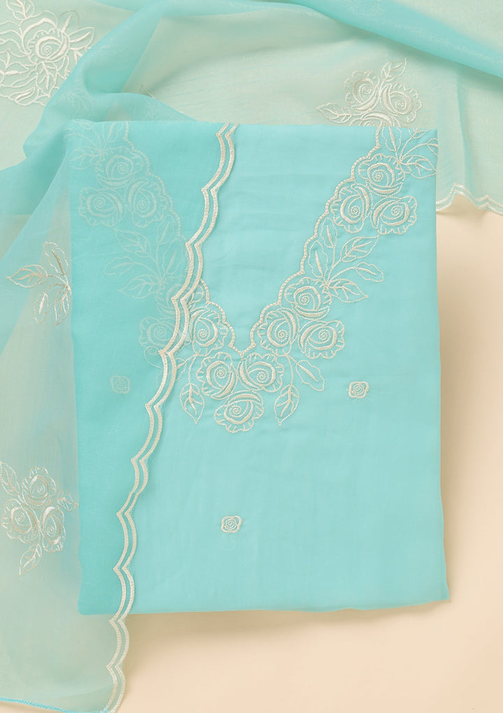 Sky Blue Tissue Threadwork Unstitched Dress Material With Matching Bottom And Dupatta