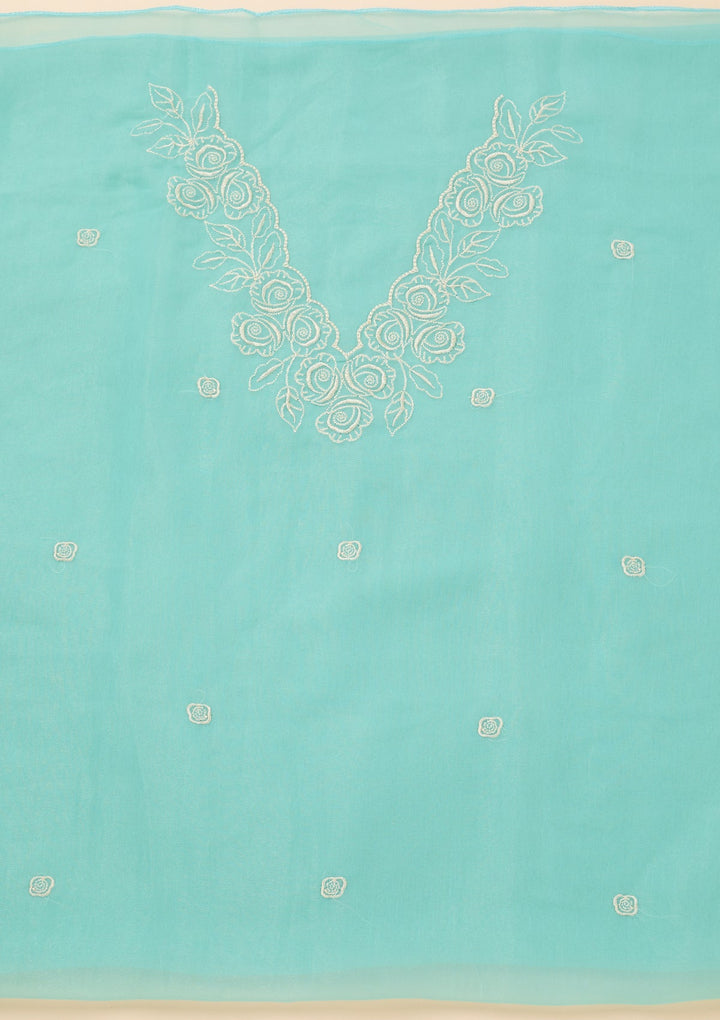 Sky Blue Tissue Threadwork Unstitched Dress Material With Matching Bottom And Dupatta