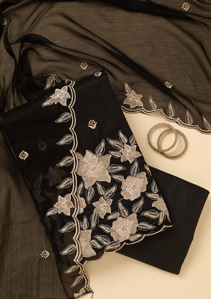 Black Chinon Threadwork Unstitched Dress Material With Matching Bottom And Dupatta