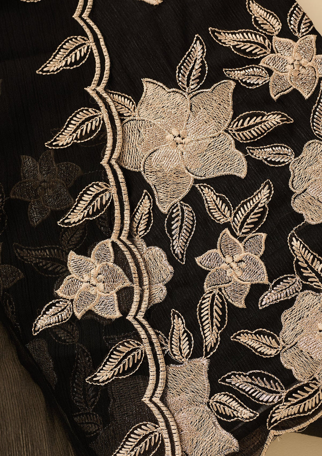 Black Chinon Threadwork Unstitched Dress Material With Matching Bottom And Dupatta