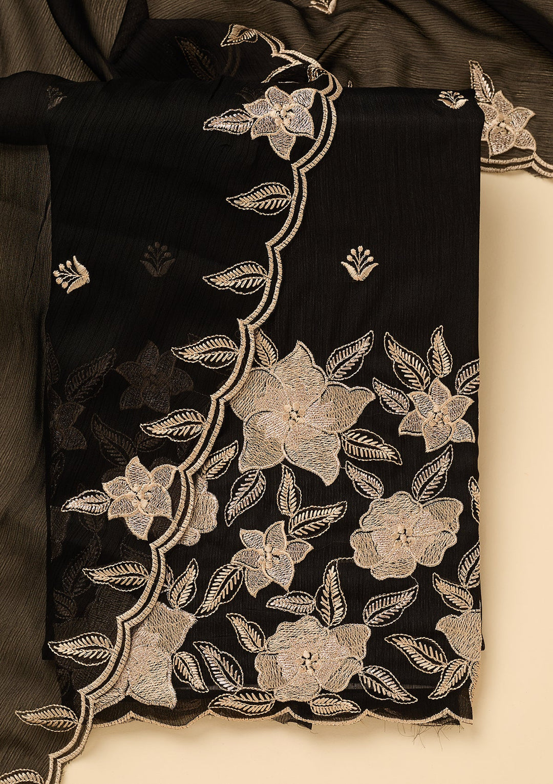 Black Chinon Threadwork Unstitched Dress Material With Matching Bottom And Dupatta