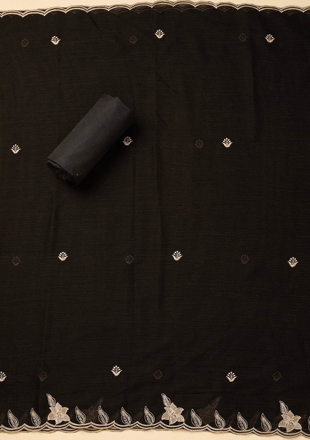 Black Chinon Threadwork Unstitched Dress Material With Matching Bottom And Dupatta