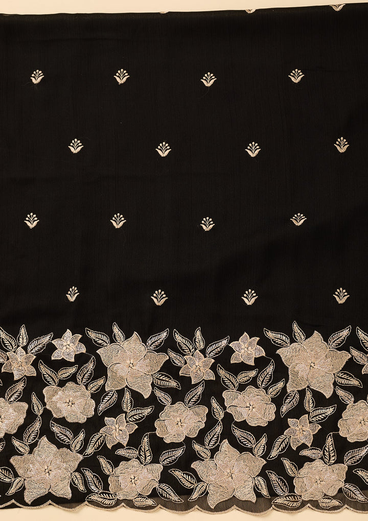 Black Chinon Threadwork Unstitched Dress Material With Matching Bottom And Dupatta