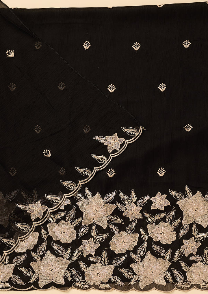 Black Chinon Threadwork Unstitched Dress Material With Matching Bottom And Dupatta