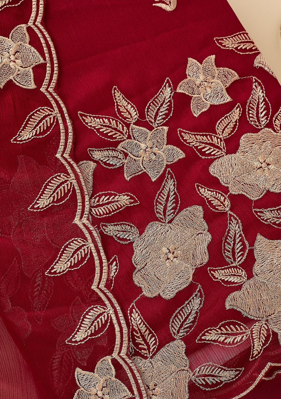 Maroon Chinon Threadwork Unstitched Dress Material With Matching Bottom And Dupatta