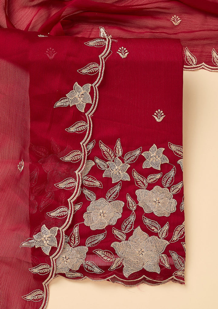 Maroon Chinon Threadwork Unstitched Dress Material With Matching Bottom And Dupatta