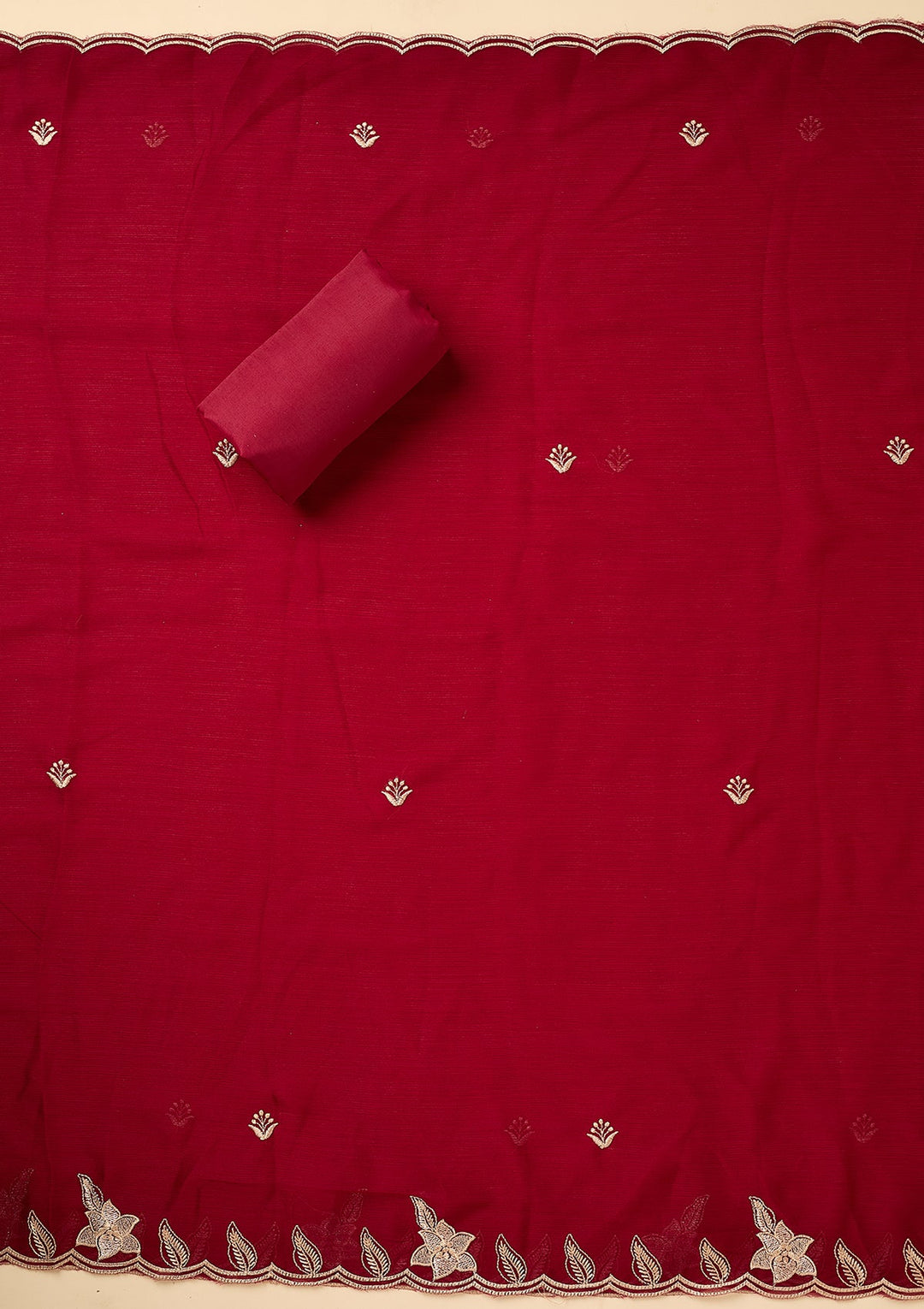 Maroon Chinon Threadwork Unstitched Dress Material With Matching Bottom And Dupatta
