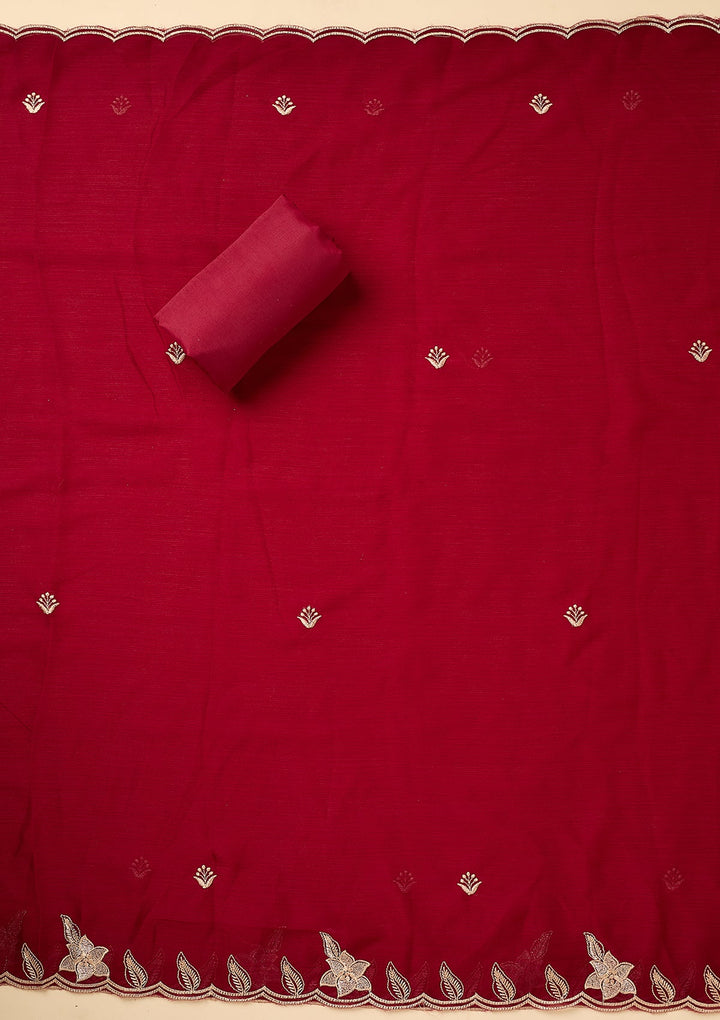 Maroon Chinon Threadwork Unstitched Dress Material With Matching Bottom And Dupatta
