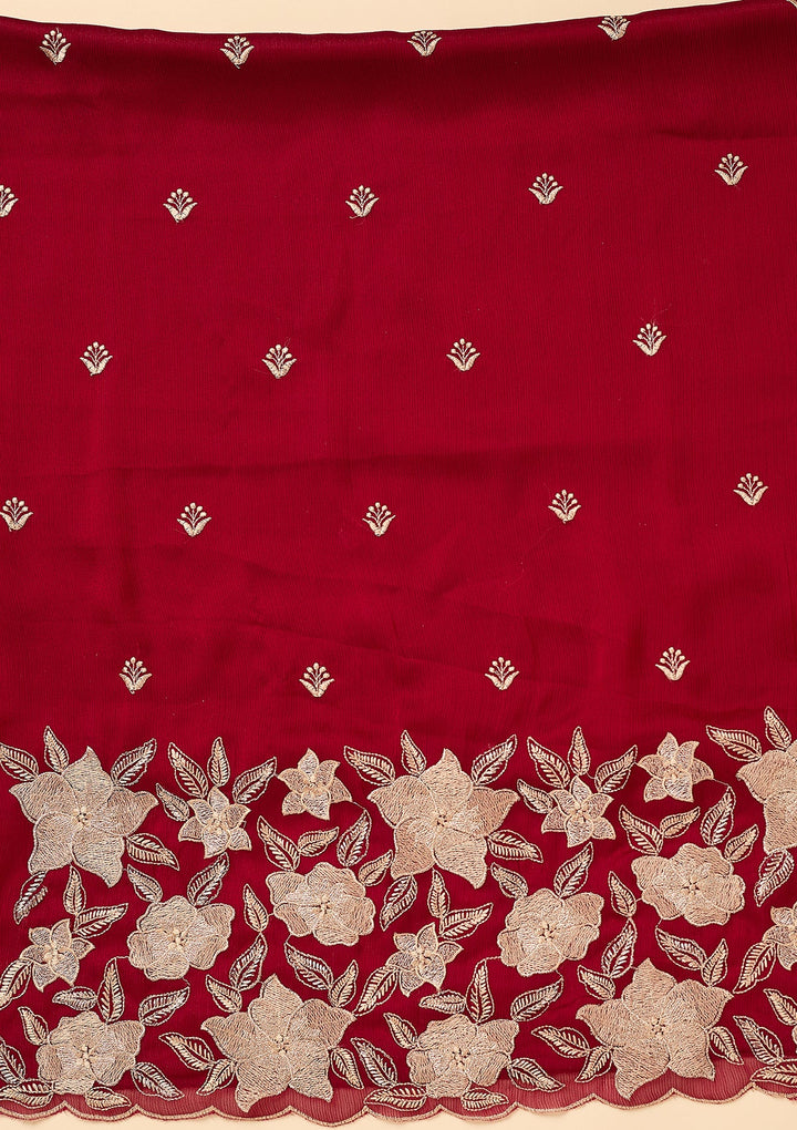 Maroon Chinon Threadwork Unstitched Dress Material With Matching Bottom And Dupatta