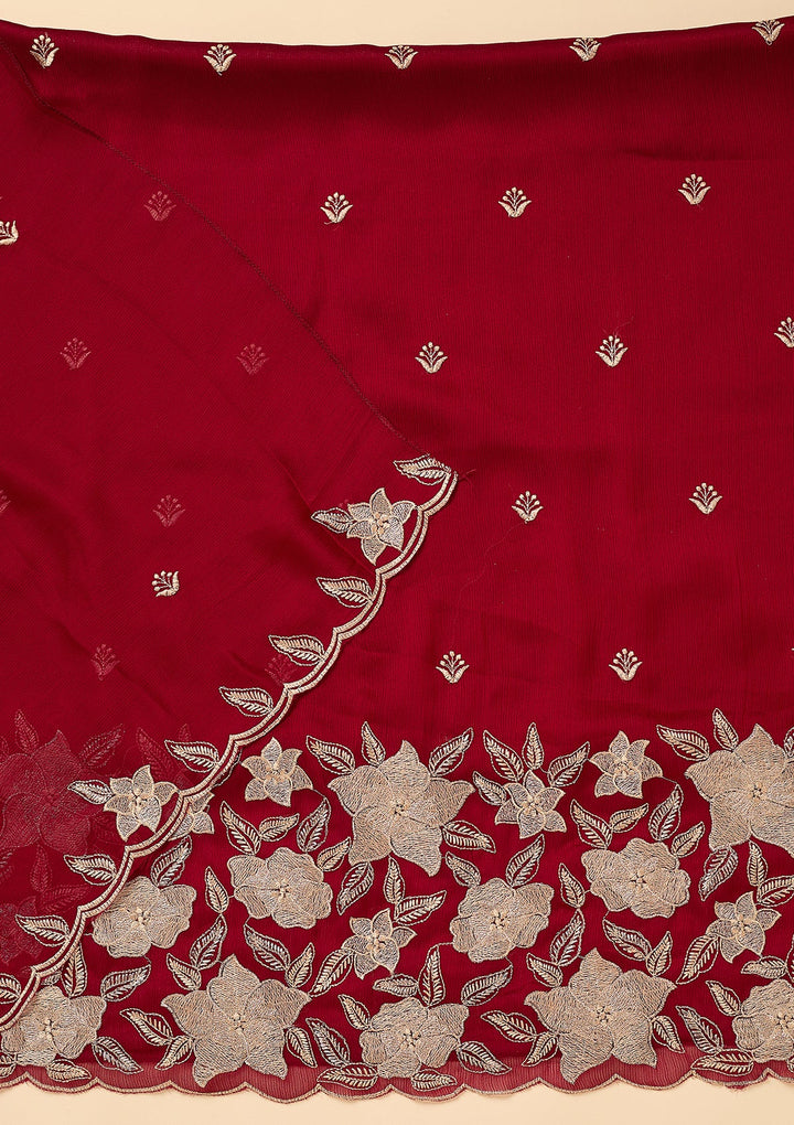 Maroon Chinon Threadwork Unstitched Dress Material With Matching Bottom And Dupatta
