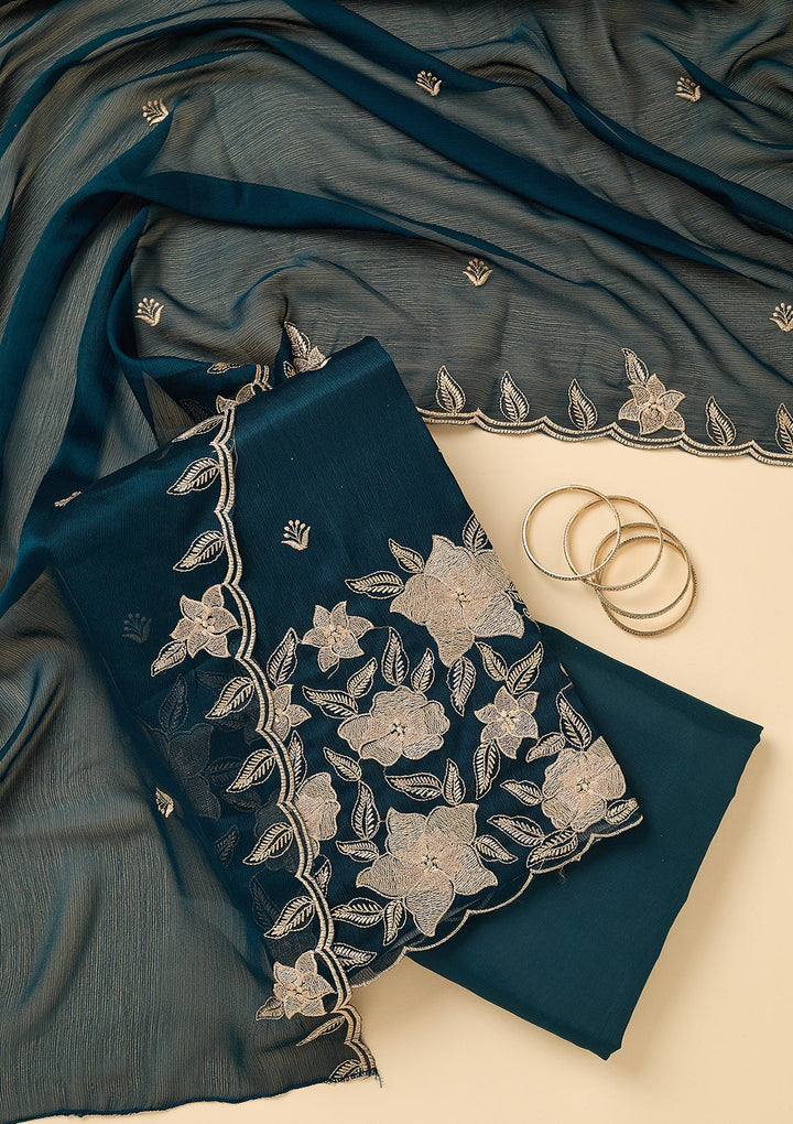 Peacock Blue Chinon Threadwork Unstitched Dress Material With Matching Bottom And Dupatta