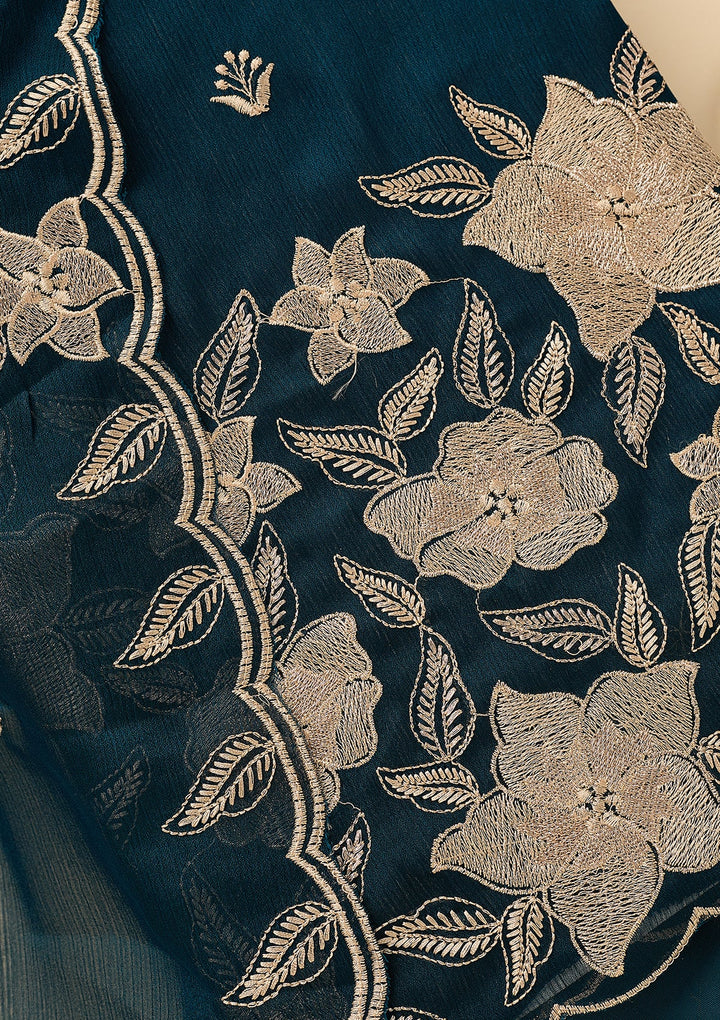 Peacock Blue Chinon Threadwork Unstitched Dress Material With Matching Bottom And Dupatta