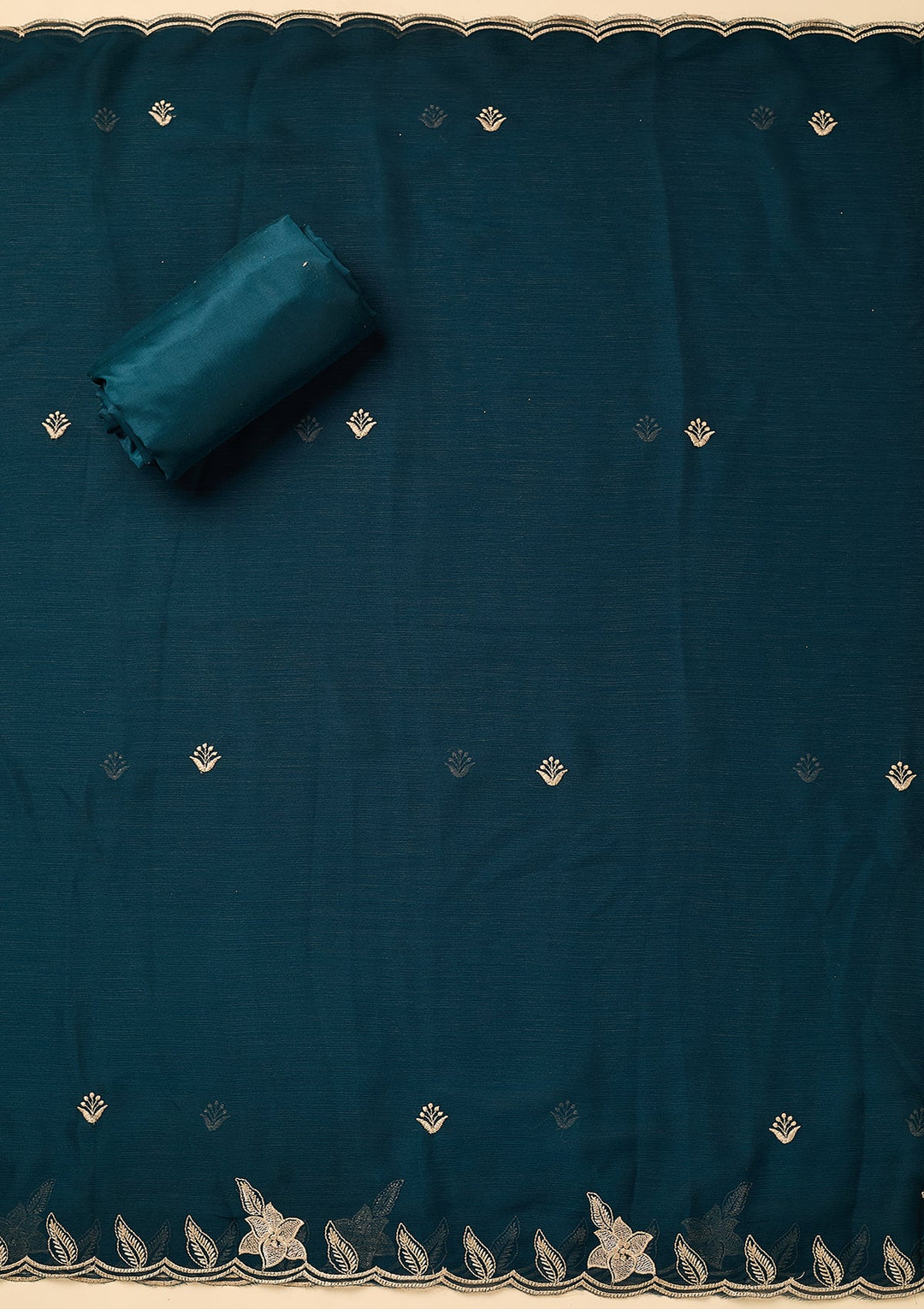 Peacock Blue Chinon Threadwork Unstitched Dress Material With Matching Bottom And Dupatta