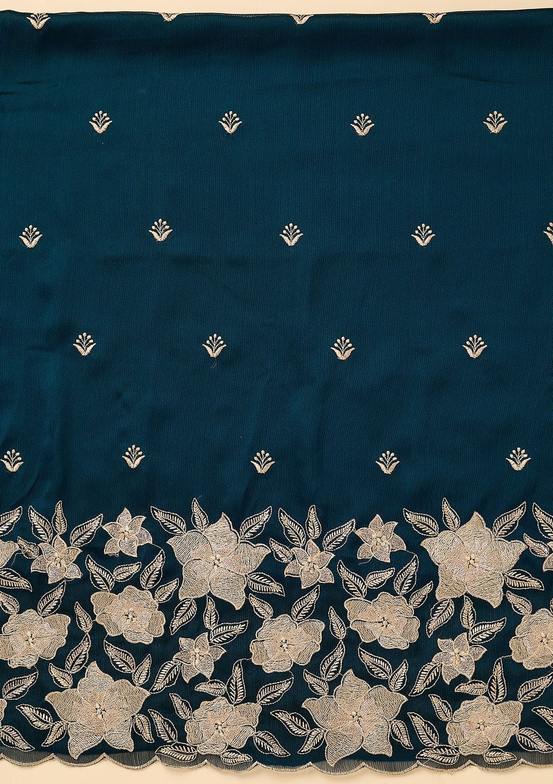 Peacock Blue Chinon Threadwork Unstitched Dress Material With Matching Bottom And Dupatta