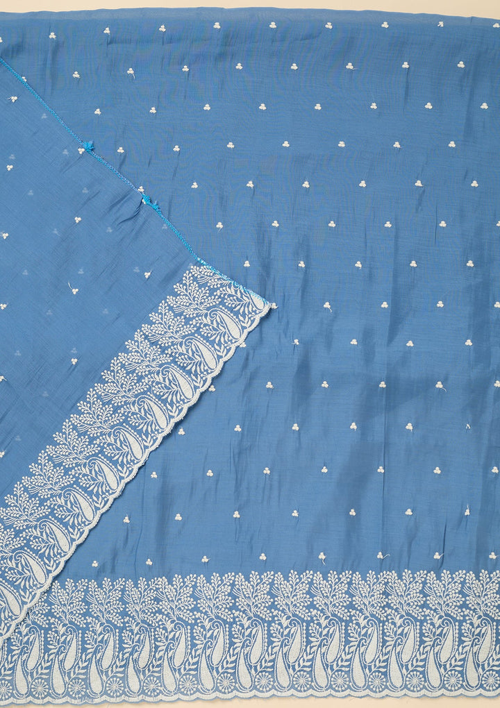 Blue Threadwork Chanderi Unstitched Salwar Suit