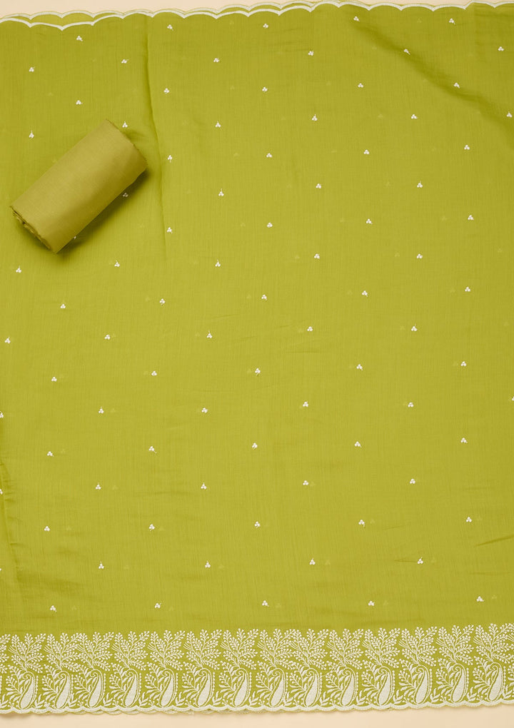 Lime Green Threadwork Chanderi Unstitched Salwar Suit