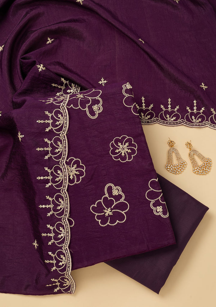 Purple Threadwork Crepe Unstitched Salwar Suit
