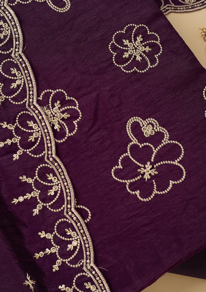 Purple Threadwork Crepe Unstitched Salwar Suit