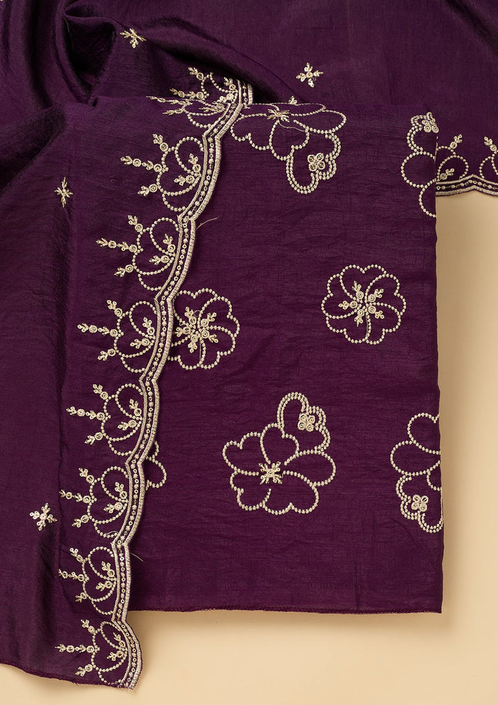 Purple Threadwork Crepe Unstitched Salwar Suit