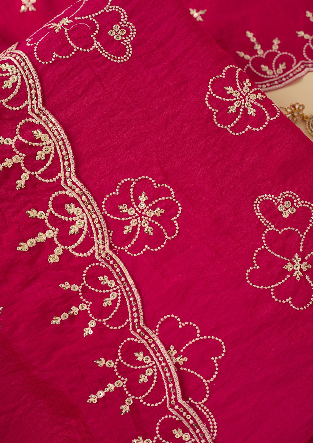 Rani Pink Threadwork Crepe Unstitched Salwar Suit