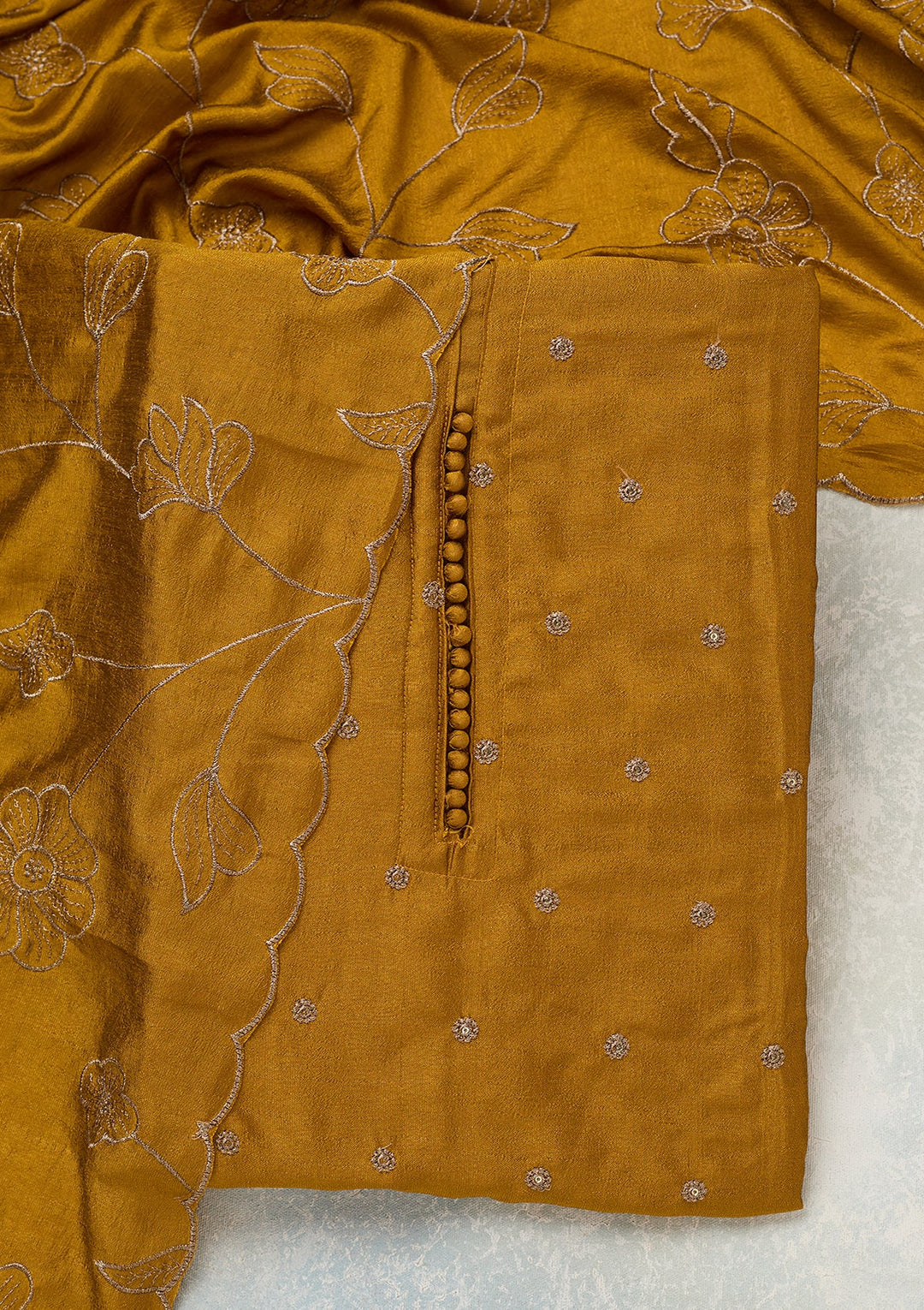 Mustard Zariwork (Gold) Soft Raw Silk Unstitched Salwar Suit