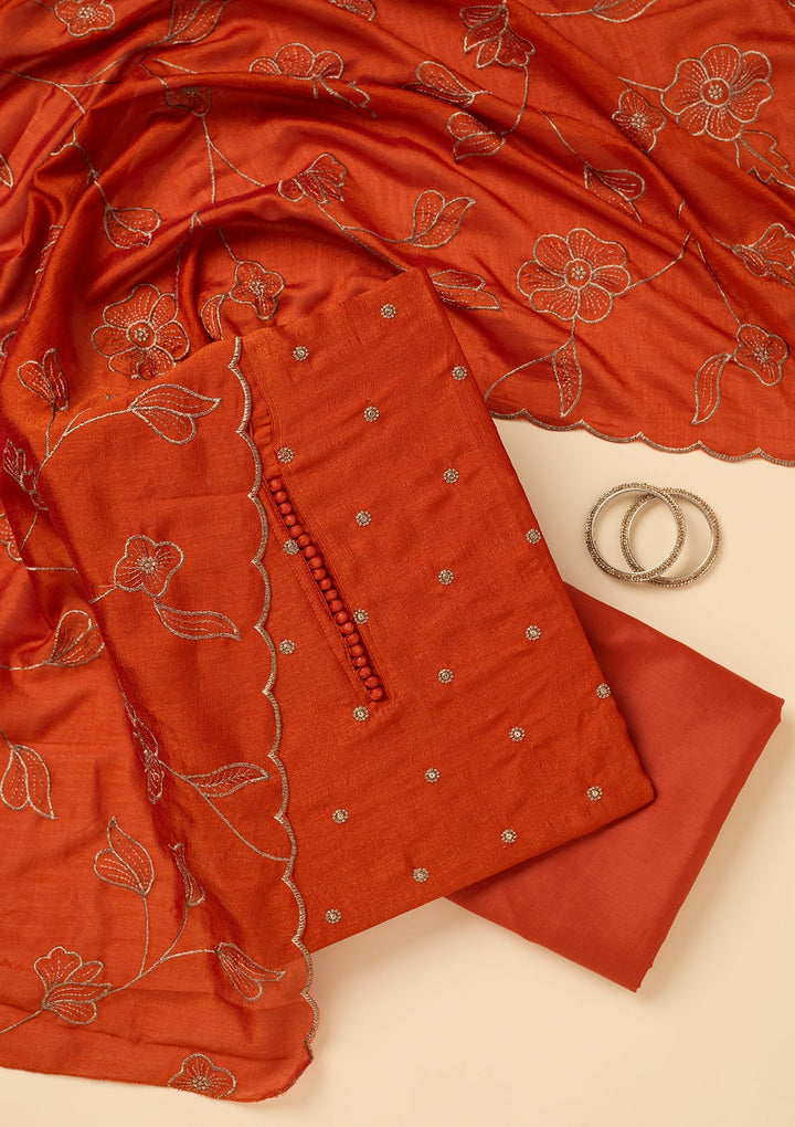 Orange Soft Raw Silk Gold Zariwork Unstitched Dress Material With Matching Bottom And Dupatta