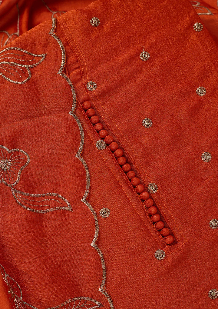 Orange Soft Raw Silk Gold Zariwork Unstitched Dress Material With Matching Bottom And Dupatta