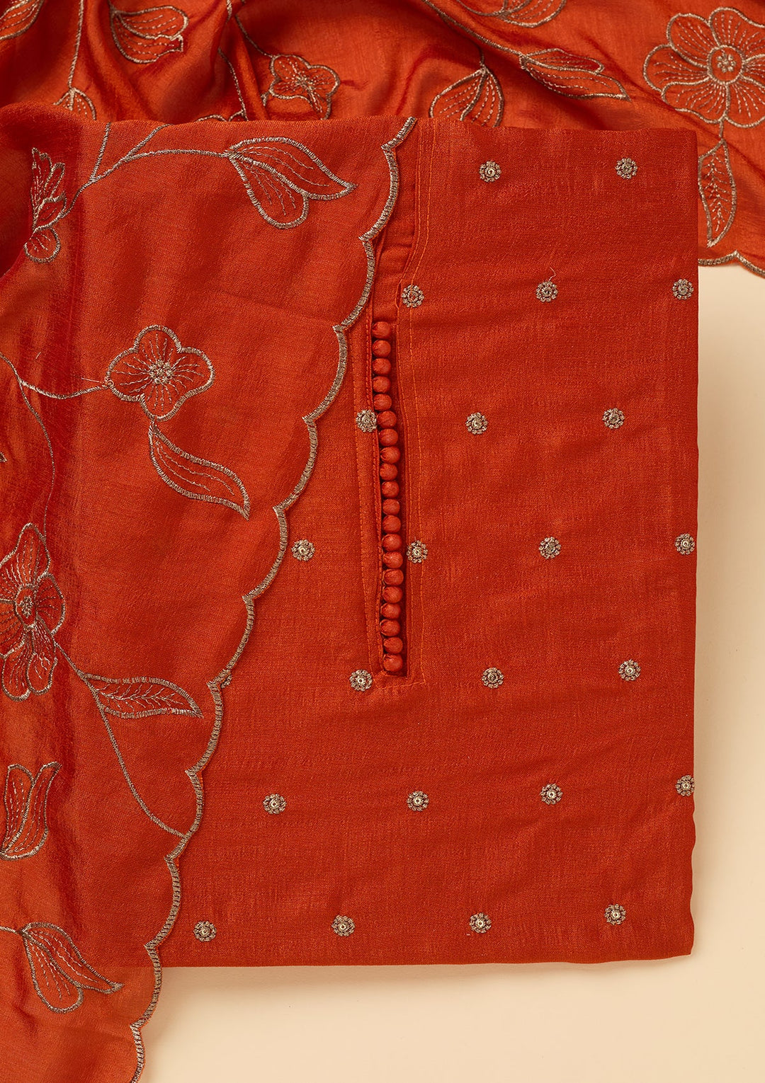 Orange Soft Raw Silk Gold Zariwork Unstitched Dress Material With Matching Bottom And Dupatta