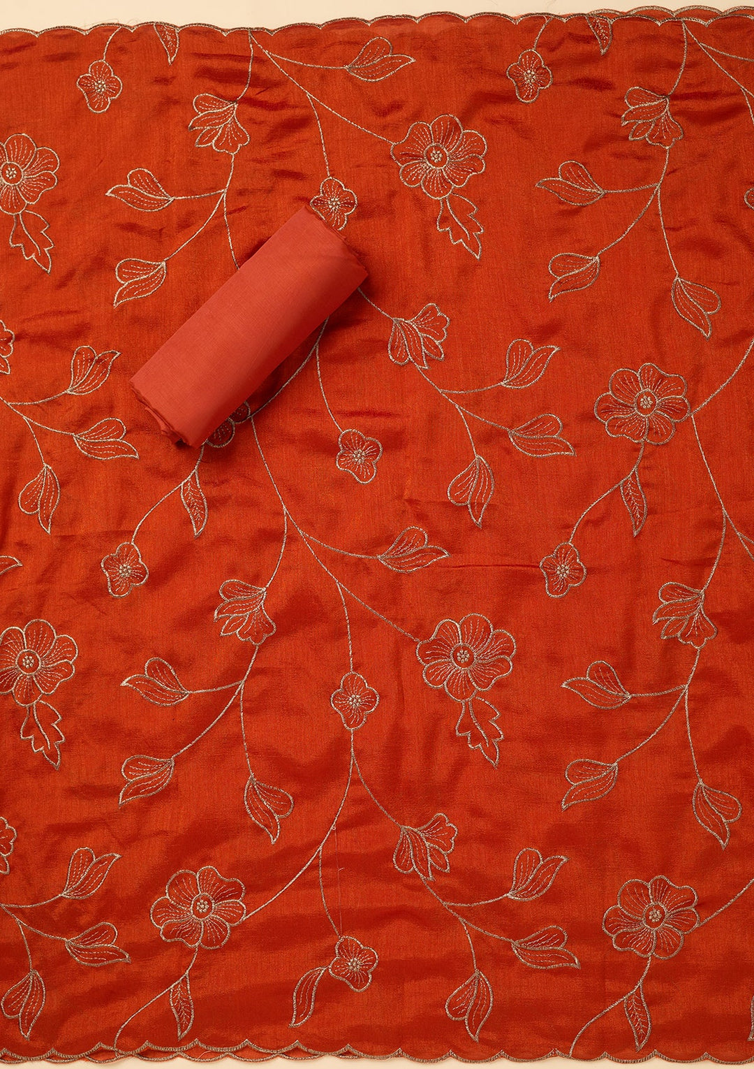 Orange Soft Raw Silk Gold Zariwork Unstitched Dress Material With Matching Bottom And Dupatta