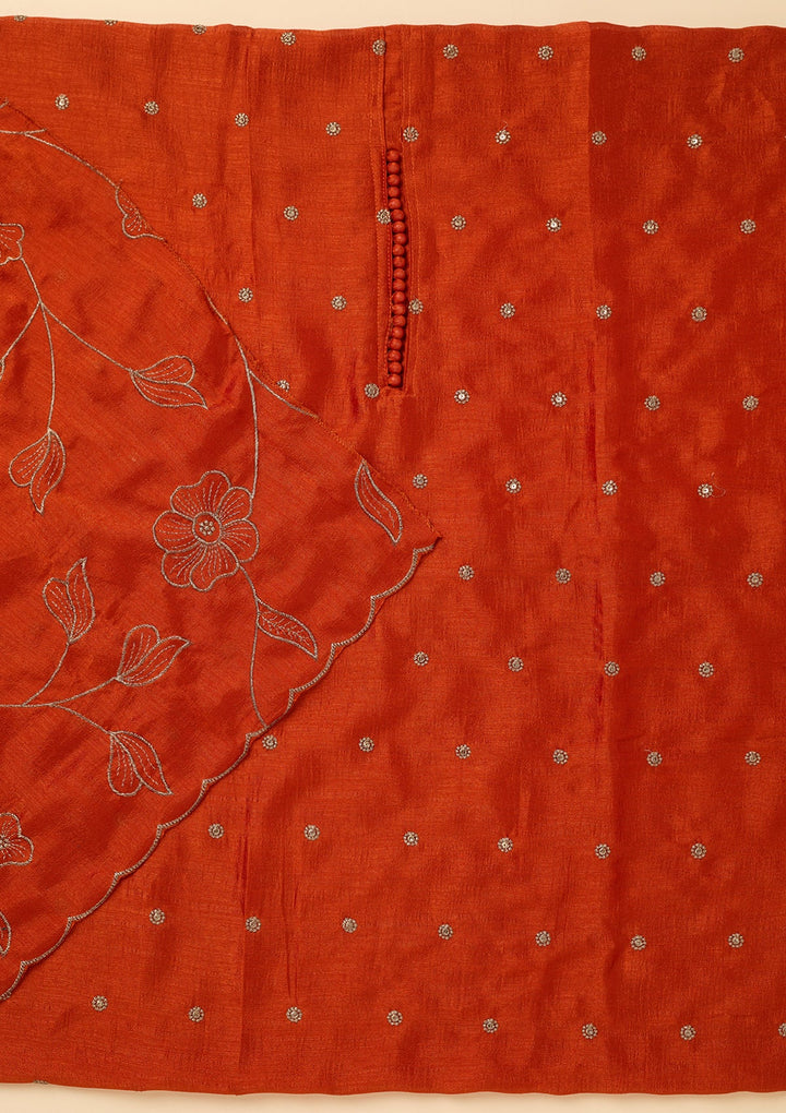 Orange Soft Raw Silk Gold Zariwork Unstitched Dress Material With Matching Bottom And Dupatta