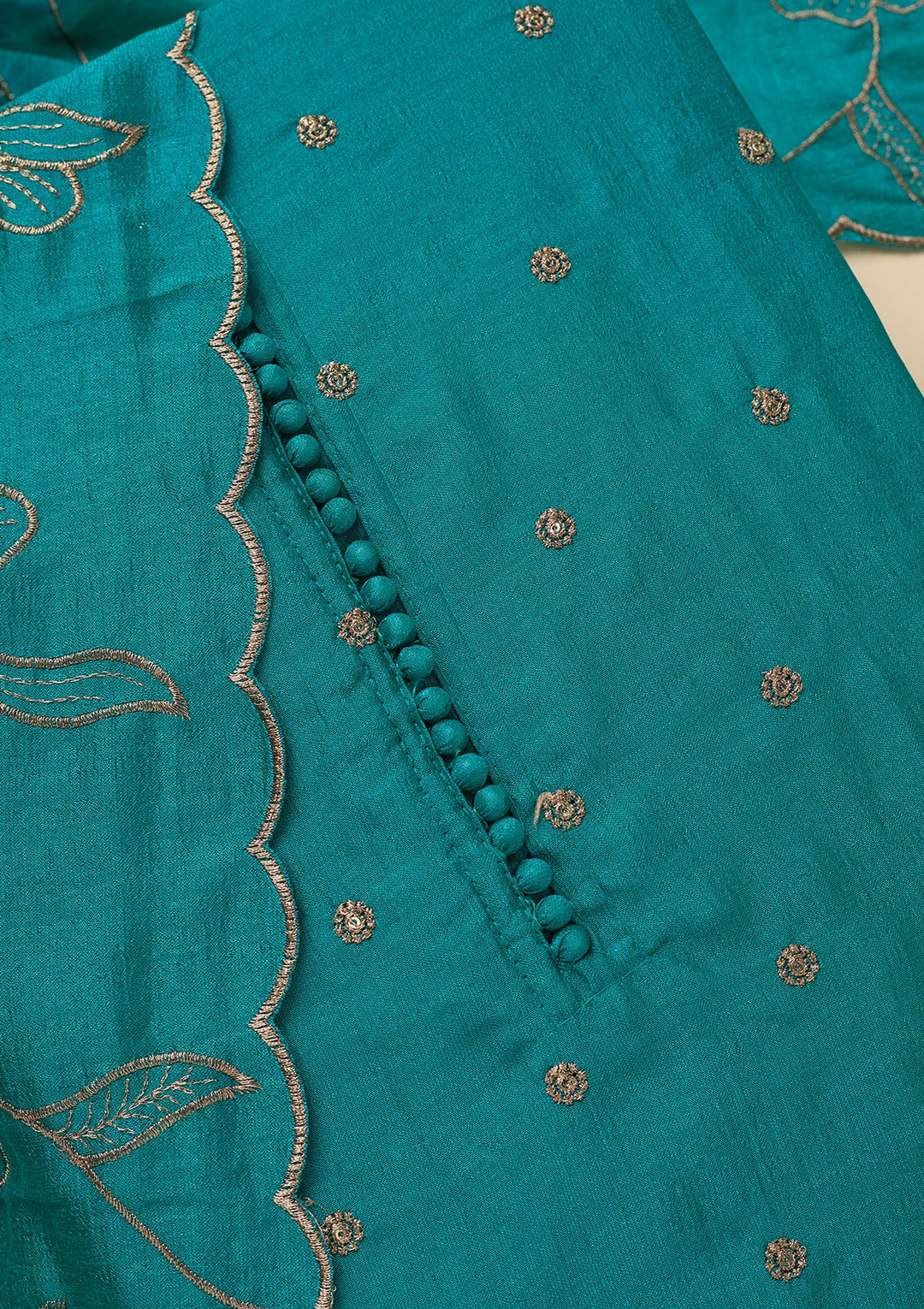 Peacock Green Zariwork (Gold) Soft Raw Silk Unstitched Salwar Suit