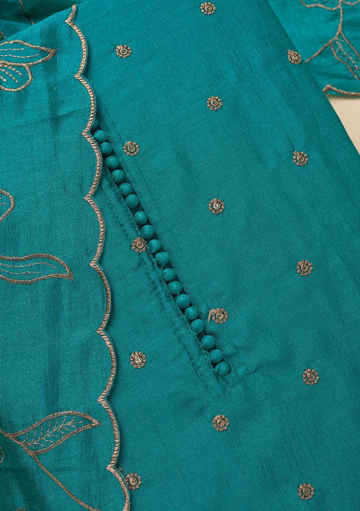 Peacock Green Zariwork (Gold) Soft Raw Silk Unstitched Salwar Suit