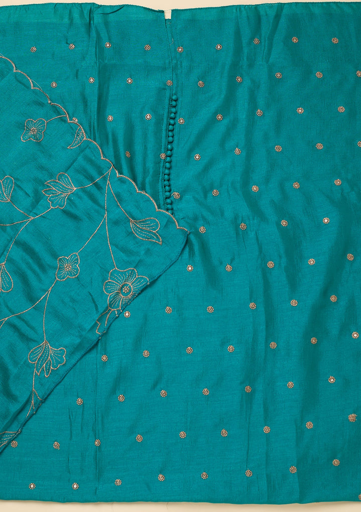 Peacock Green Zariwork (Gold) Soft Raw Silk Unstitched Salwar Suit