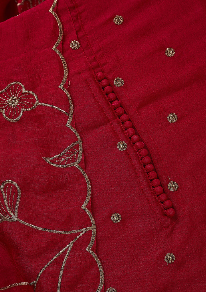 Rani Pink Soft Raw Silk Gold Zariwork Unstitched Dress Material With Matching Bottom And Dupatta