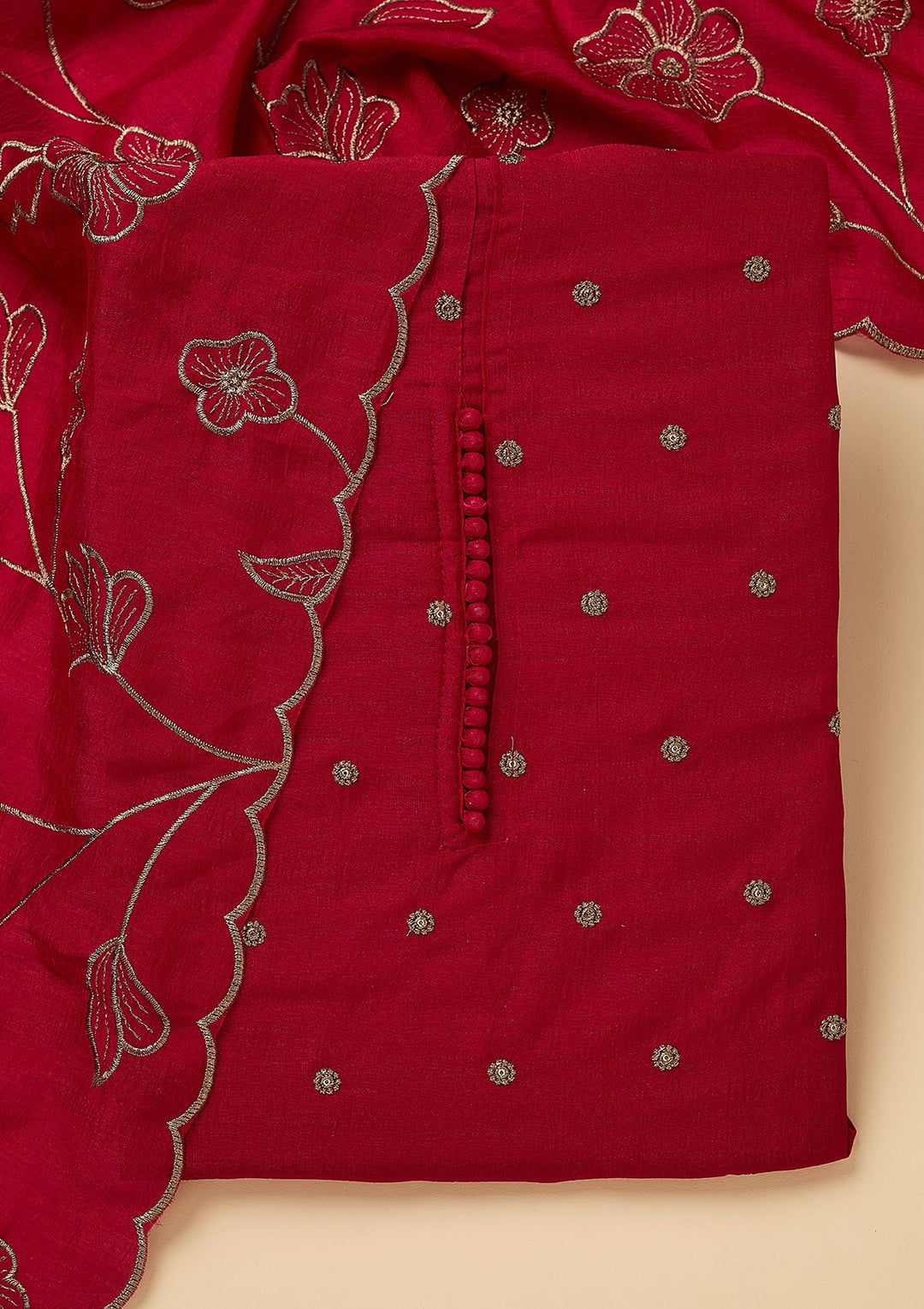 Rani Pink Soft Raw Silk Gold Zariwork Unstitched Dress Material With Matching Bottom And Dupatta