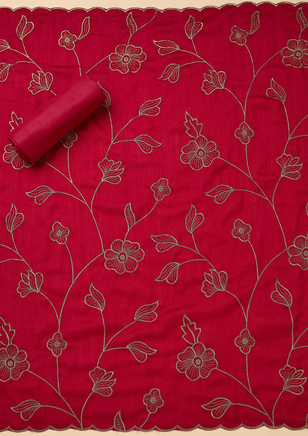 Rani Pink Soft Raw Silk Gold Zariwork Unstitched Dress Material With Matching Bottom And Dupatta