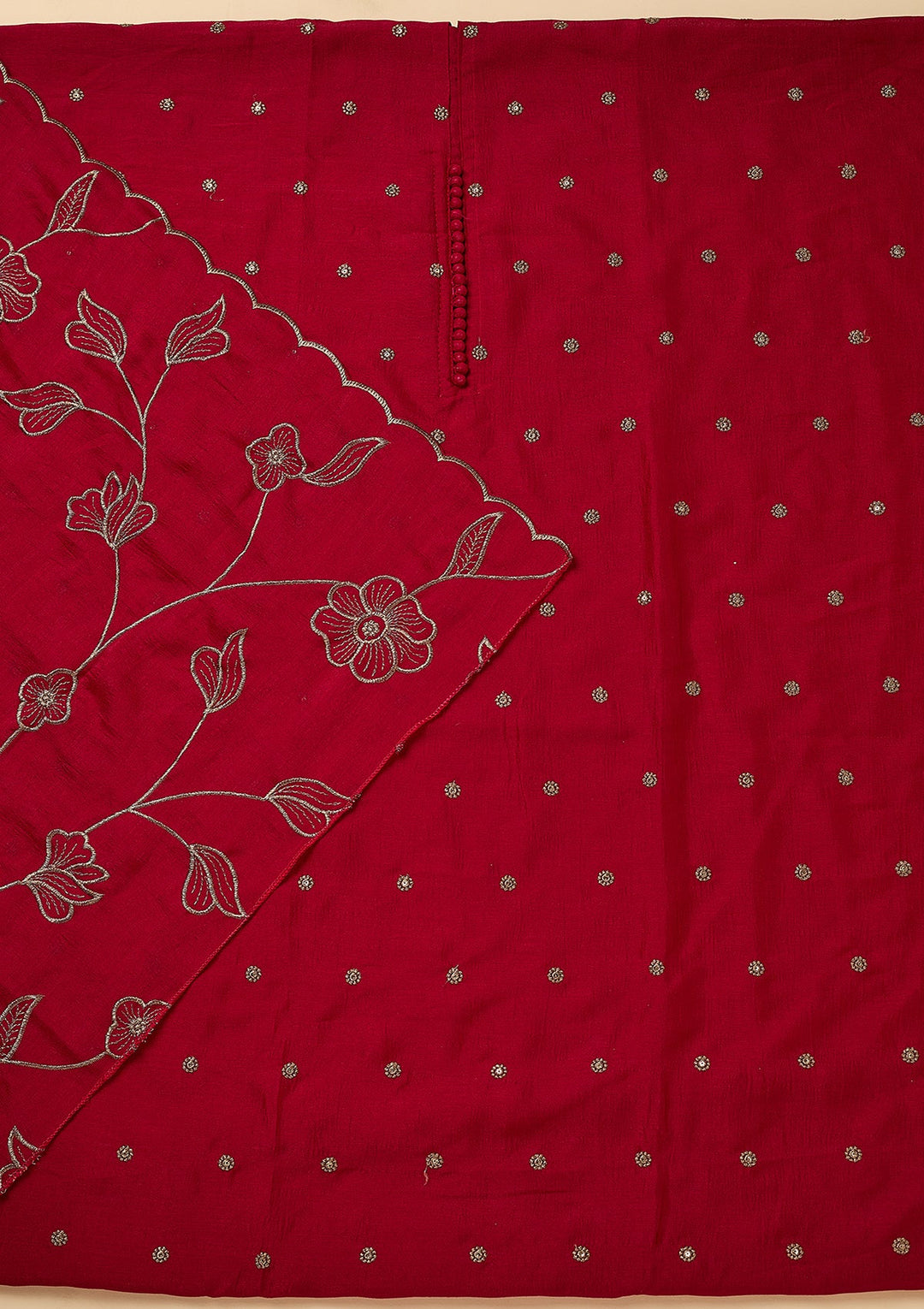 Rani Pink Soft Raw Silk Gold Zariwork Unstitched Dress Material With Matching Bottom And Dupatta