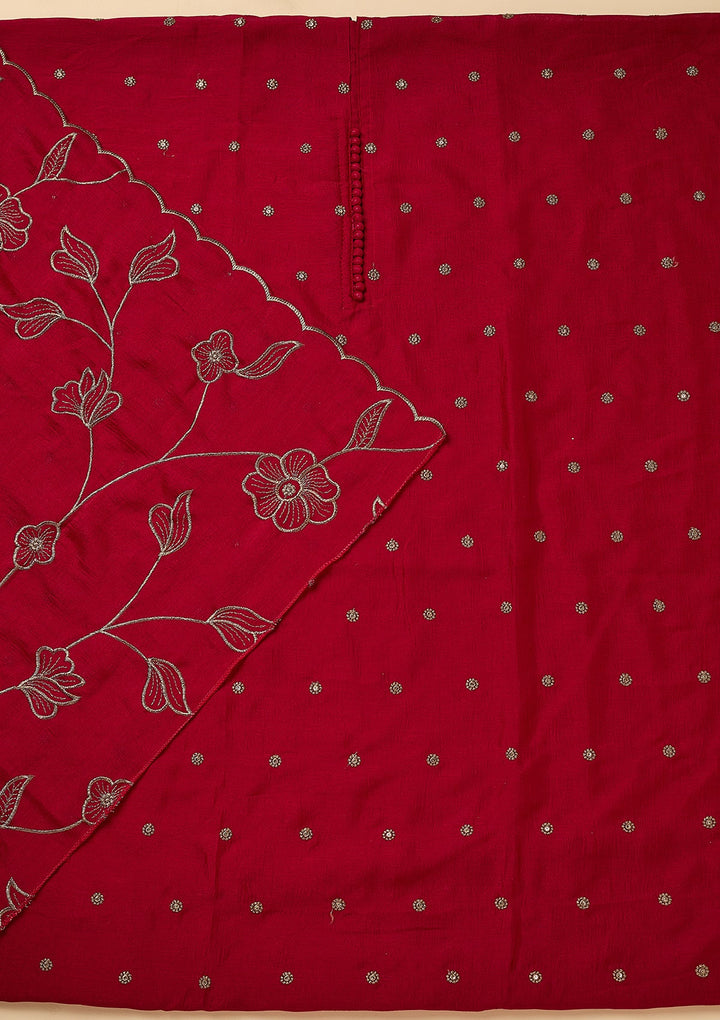 Rani Pink Soft Raw Silk Gold Zariwork Unstitched Dress Material With Matching Bottom And Dupatta