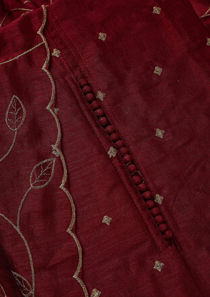 Maroon Soft Raw Silk Gold Zariwork Unstitched Dress Material With Matching Bottom And Dupatta