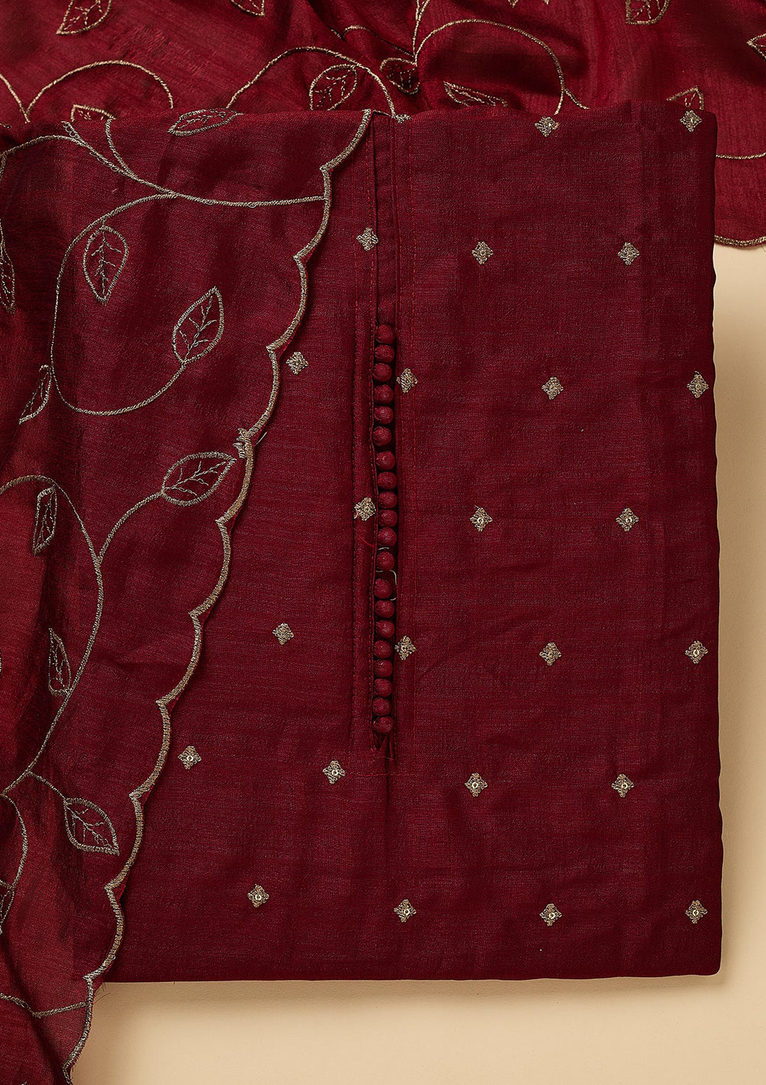 Maroon Soft Raw Silk Gold Zariwork Unstitched Dress Material With Matching Bottom And Dupatta