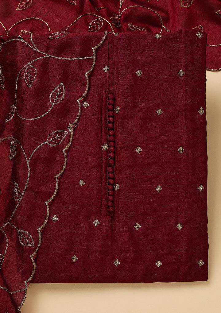 Maroon Soft Raw Silk Gold Zariwork Unstitched Dress Material With Matching Bottom And Dupatta