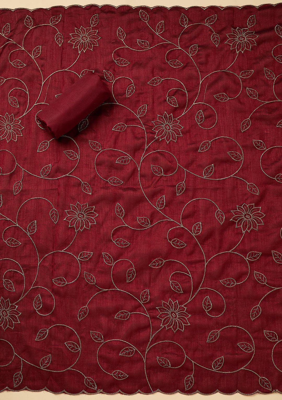 Maroon Soft Raw Silk Gold Zariwork Unstitched Dress Material With Matching Bottom And Dupatta