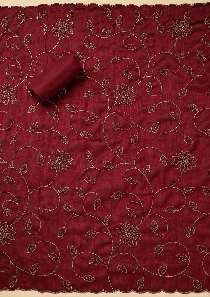 Maroon Soft Raw Silk Gold Zariwork Unstitched Dress Material With Matching Bottom And Dupatta