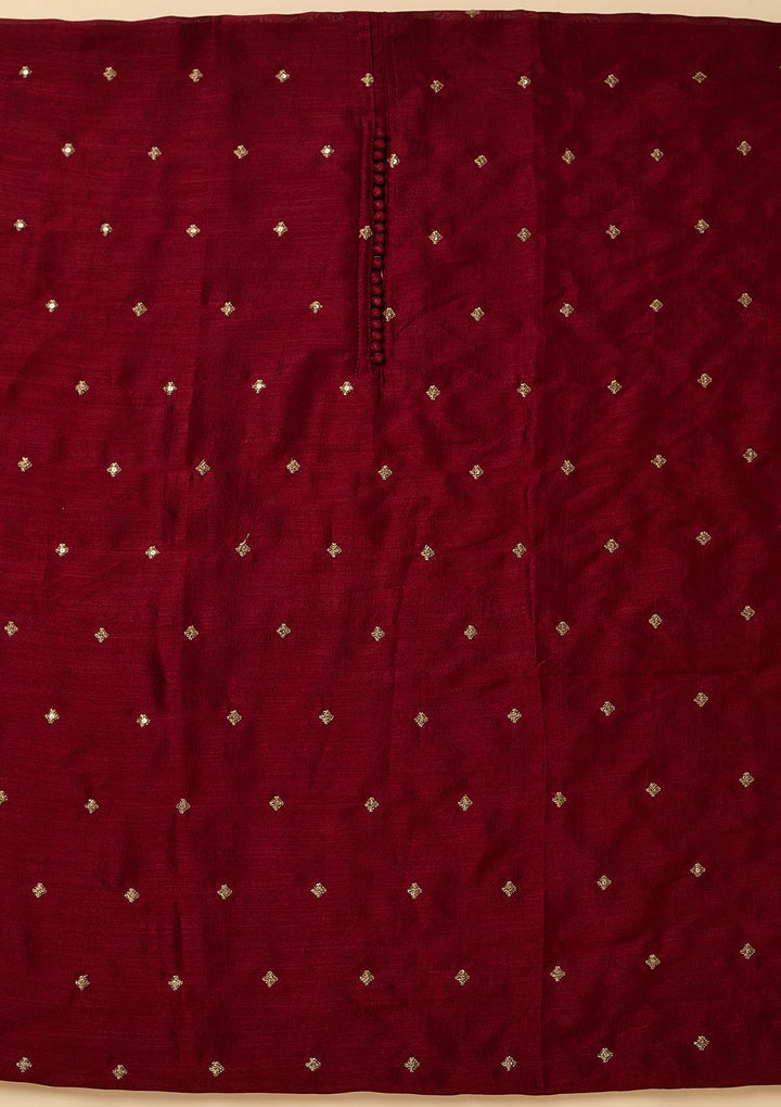 Maroon Soft Raw Silk Gold Zariwork Unstitched Dress Material With Matching Bottom And Dupatta