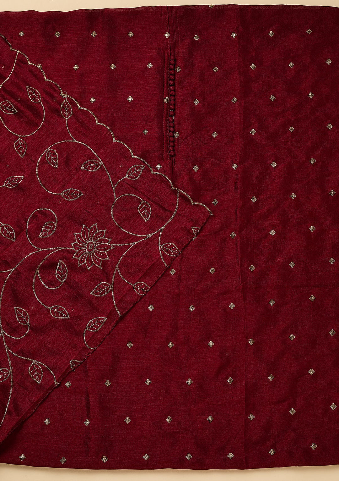 Maroon Soft Raw Silk Gold Zariwork Unstitched Dress Material With Matching Bottom And Dupatta